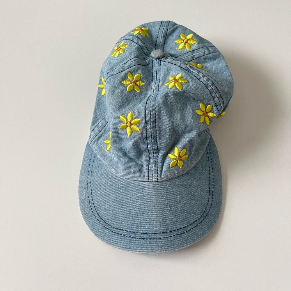 Blue Denim Cap with Yellow Floral Embroidery